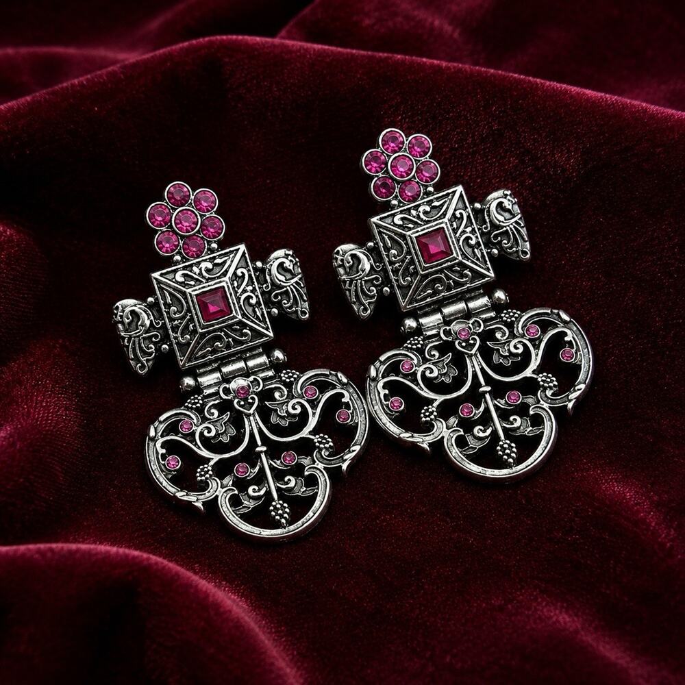 Antique Silver Bird Flower Earrings Filigree Crystal Boho Gothic VTG Revival CZ